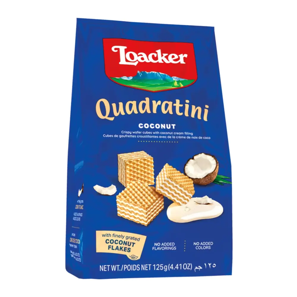Bánh Xốp Dừa, Quadratini, Coconut, Crispy Wafer Cubes with Coconut Cream Filling, 4.41 oz (125g) - LOACKER