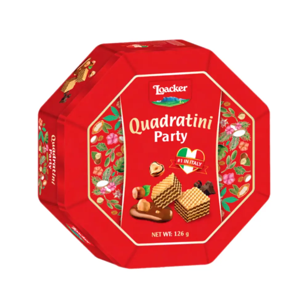Bánh Xốp Socola & Hạt Phỉ Hộp Thiếc, Quadratini Party, Crispy Wafer Cubes with Cream Filling (126g) - LOACKER
