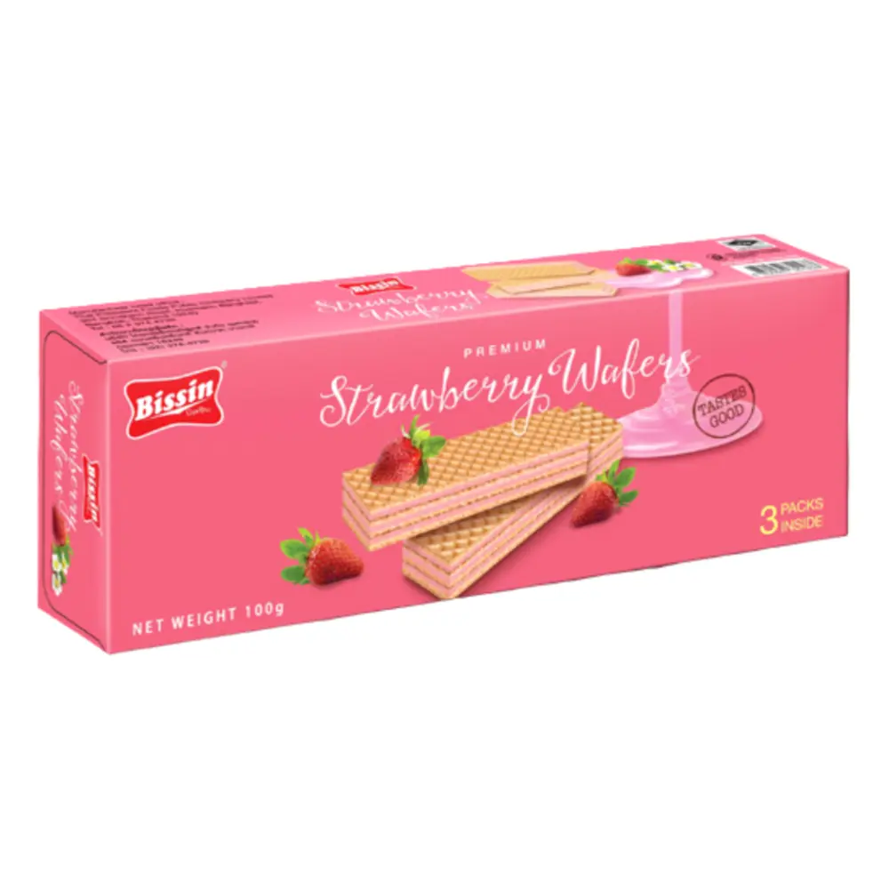 Bánh Xốp Nhân Kem Dâu Tây, Strawberry Wafers, 3 Gói (100g) - BISSIN