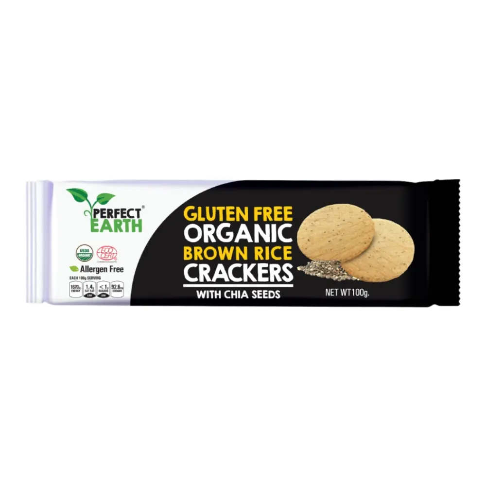 Bánh Gạo & Hạt Chia Hữu Cơ, Gluten Free Organic Brown Rice Crackers with Chia Seeds (100g) - PERFECT EARTH