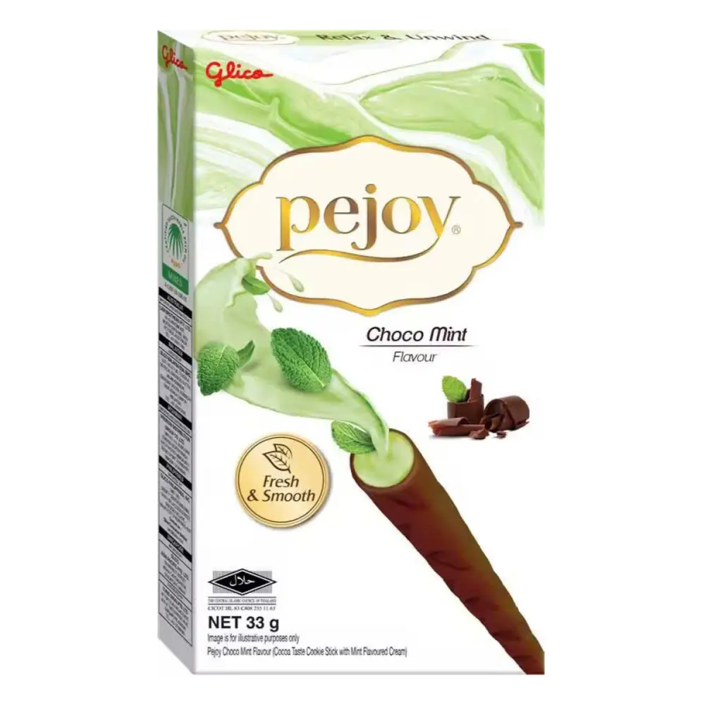 Bánh Que Phủ Socola Nhân Kem Bạc Hà, Pejoy, Cocoa Biscuit Stick with Mint Flavoured Cream (33g) - GLICO