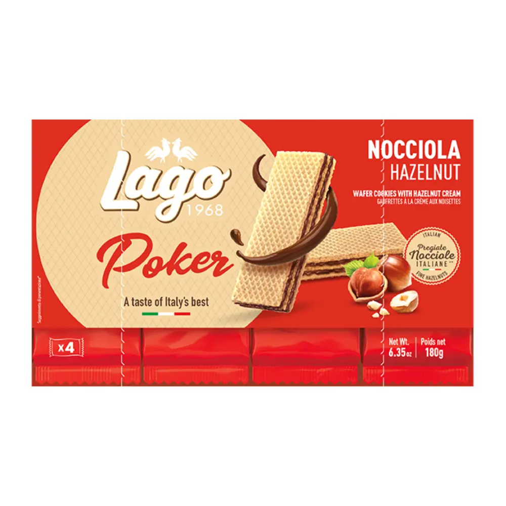 Bánh Xốp Kem Hạt Phỉ, Poker, Wafer Cookies with Hazelnut Cream, 4 Gói, 6.35 oz (180g) - LAGO