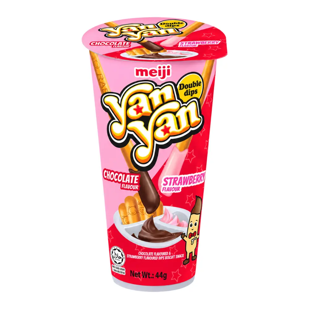 Bánh Que Chấm Kem Socola & Dâu, Yan Yan, Double Dips, Chocolate & Strawberry Flavoured Dips Biscuit Stick (44g) - MEIJI