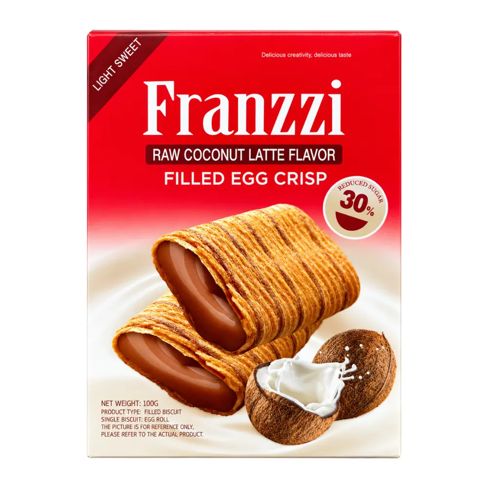 Bánh Cuộn Trứng Giòn Nhân Kem Latte Dừa, Raw Coconut Latte Flavor Filled Egg Crisp, Reduced Sugar (100g) - FRANZZI