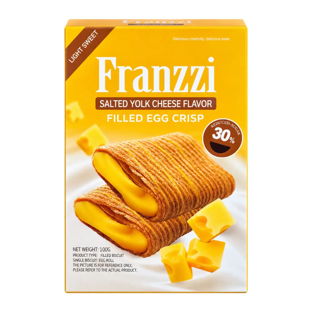 Bánh Cuộn Trứng Giòn Nhân Kem Phô Mai Lòng Đỏ Trứng Muối, Salted Yolk Cheese Flavor Filled Egg Crisp, Reduced Sugar (100g) - FRANZZI
