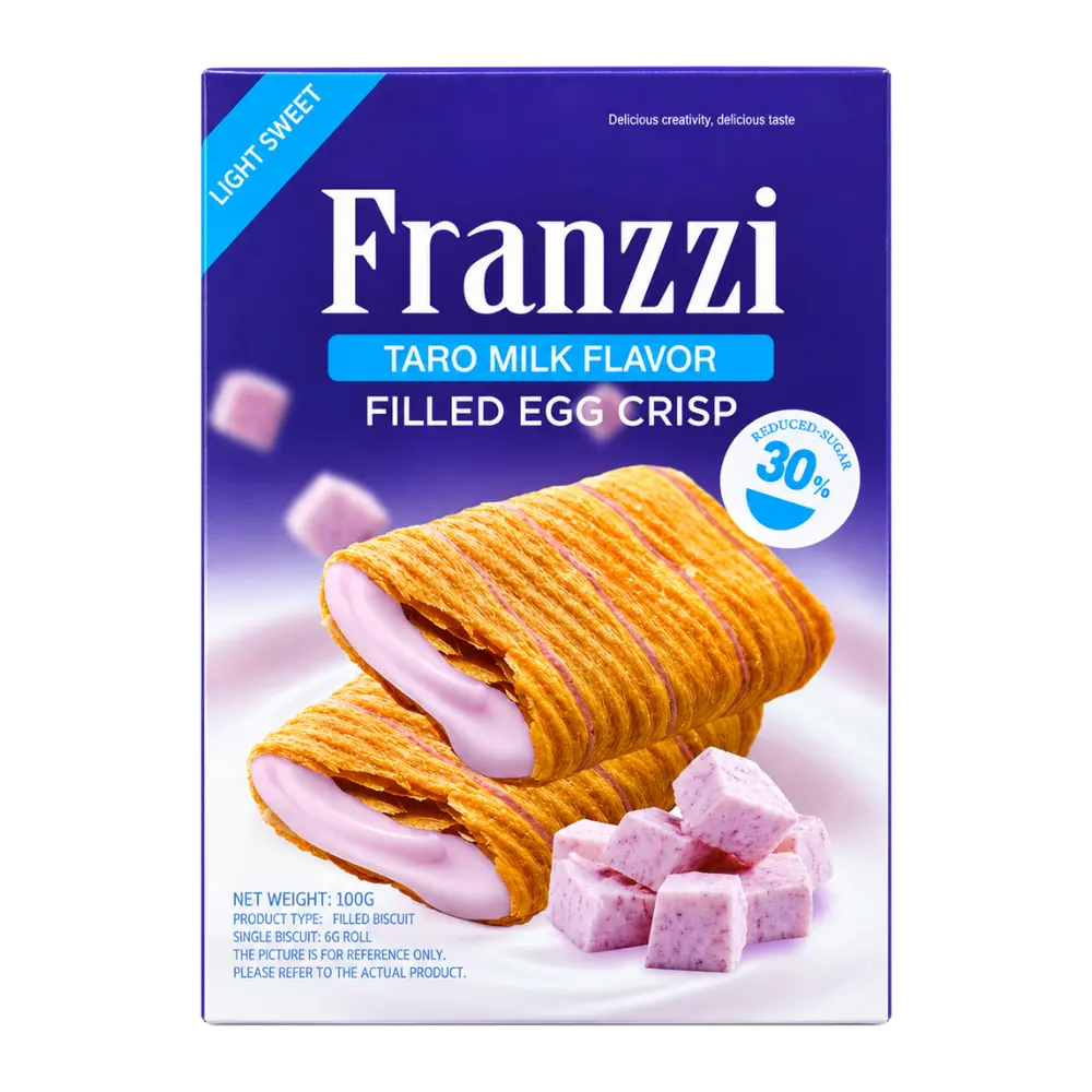Bánh Cuộn Trứng Giòn Nhân Kem Sữa Khoai Môn, Taro Milk Flavor Filled Egg Crisp, Reduced Sugar (100g) - FRANZZI