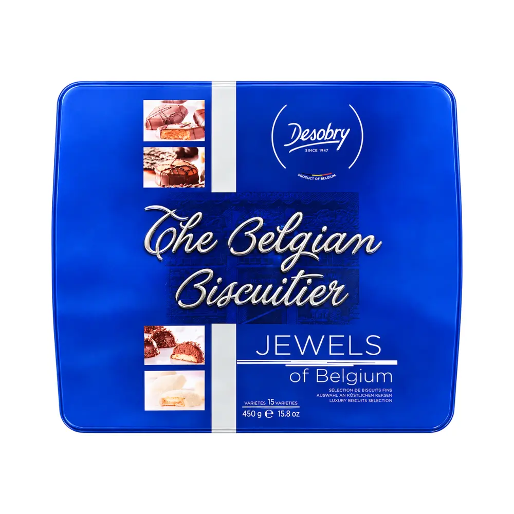 Bánh Quy Socola Bỉ Tổng Hợp (Hộp Thiếc Xanh Dương), The Belgian Biscuitier, 15.8 oz (450g) - DESOBRY