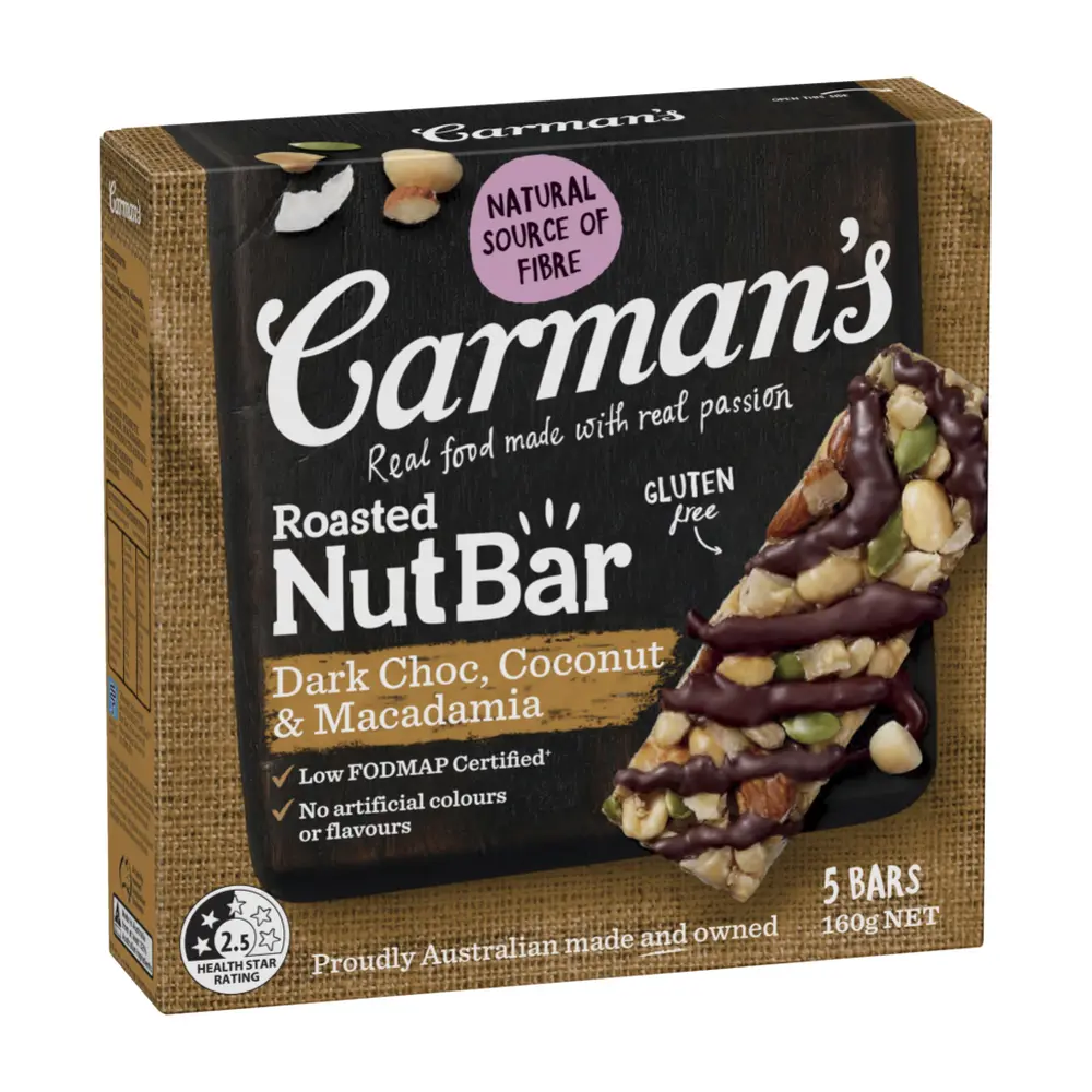 Thanh Hạt Socola Đắng, Dừa & Macca, Roasted Nut Bars, Dark Choc, Coconut & Macadamia, 5 Thanh (160g) - CARMAN'S