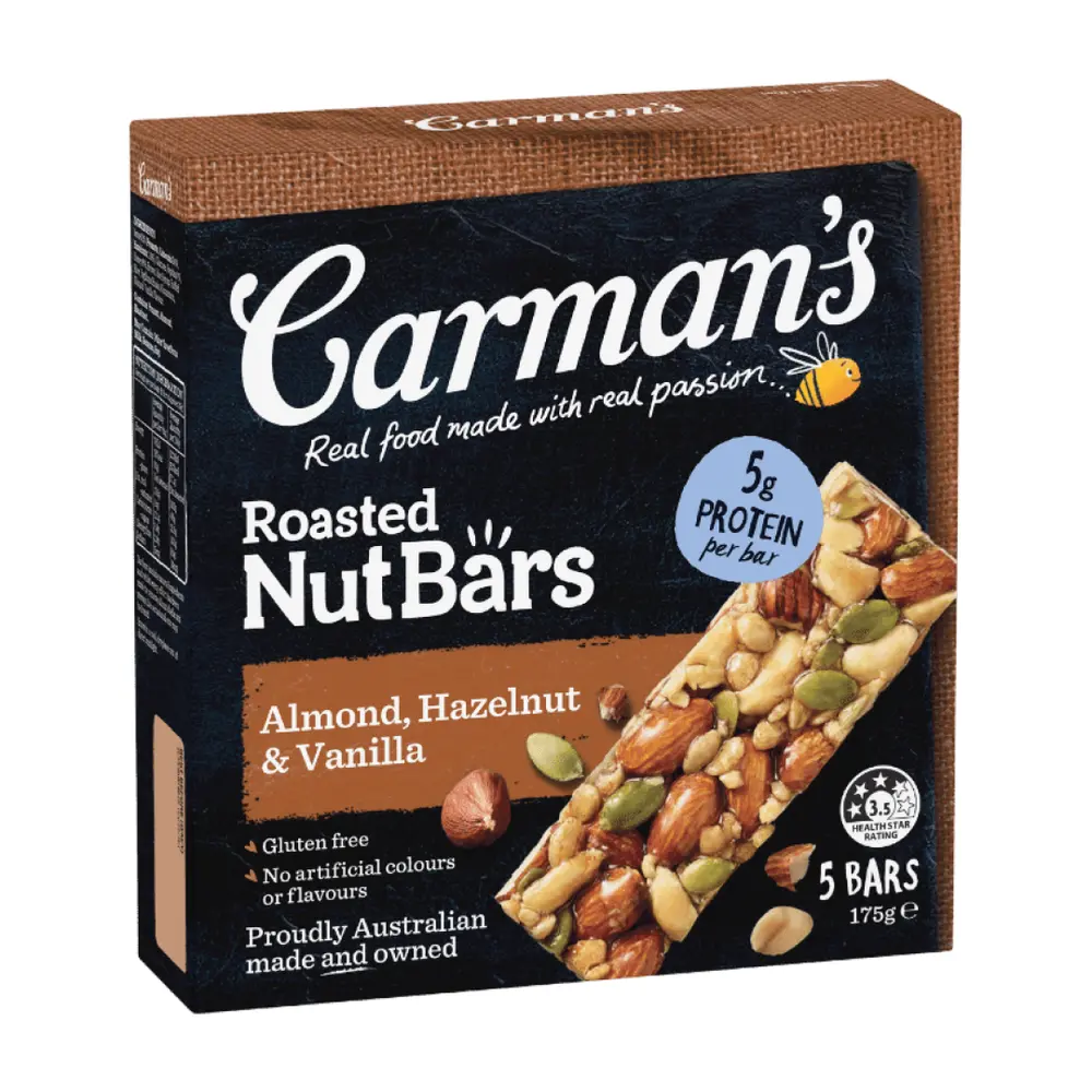 Thanh Hạt Hạnh Nhân, Hạt Phỉ & Vani, Roasted Nut Bars, Almond, Hazelnut & Vanilla, 5 Thanh (175g) - CARMAN'S