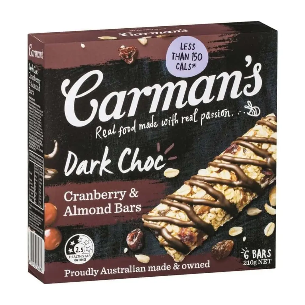 Thanh Nam Việt Quất & Hạnh Nhân Phủ Socola Đắng, Dark Choc, Cranberry & Almond Bars, 6 Thanh (210g) - CARMAN'S