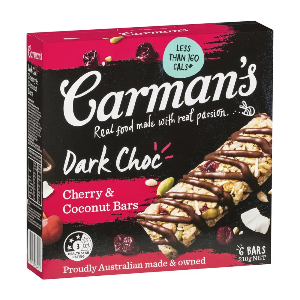 Thanh Anh Đào & Dừa Phủ Socola Đắng, Dark Choc, Cherry & Coconut Bars, 6 Thanh (210g) - CARMAN'S