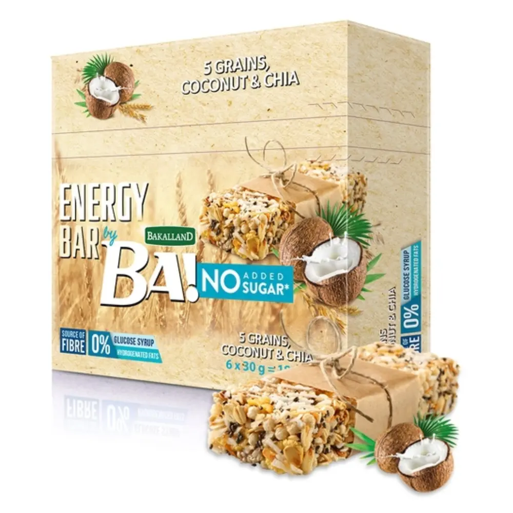 Thanh Năng Lượng Dừa & Hạt Chia, BA! Energy Bar, 5 Grains, Coconut & Chia Seeds, No Added Sugar, 6 Thanh (180g) - BAKALLAND