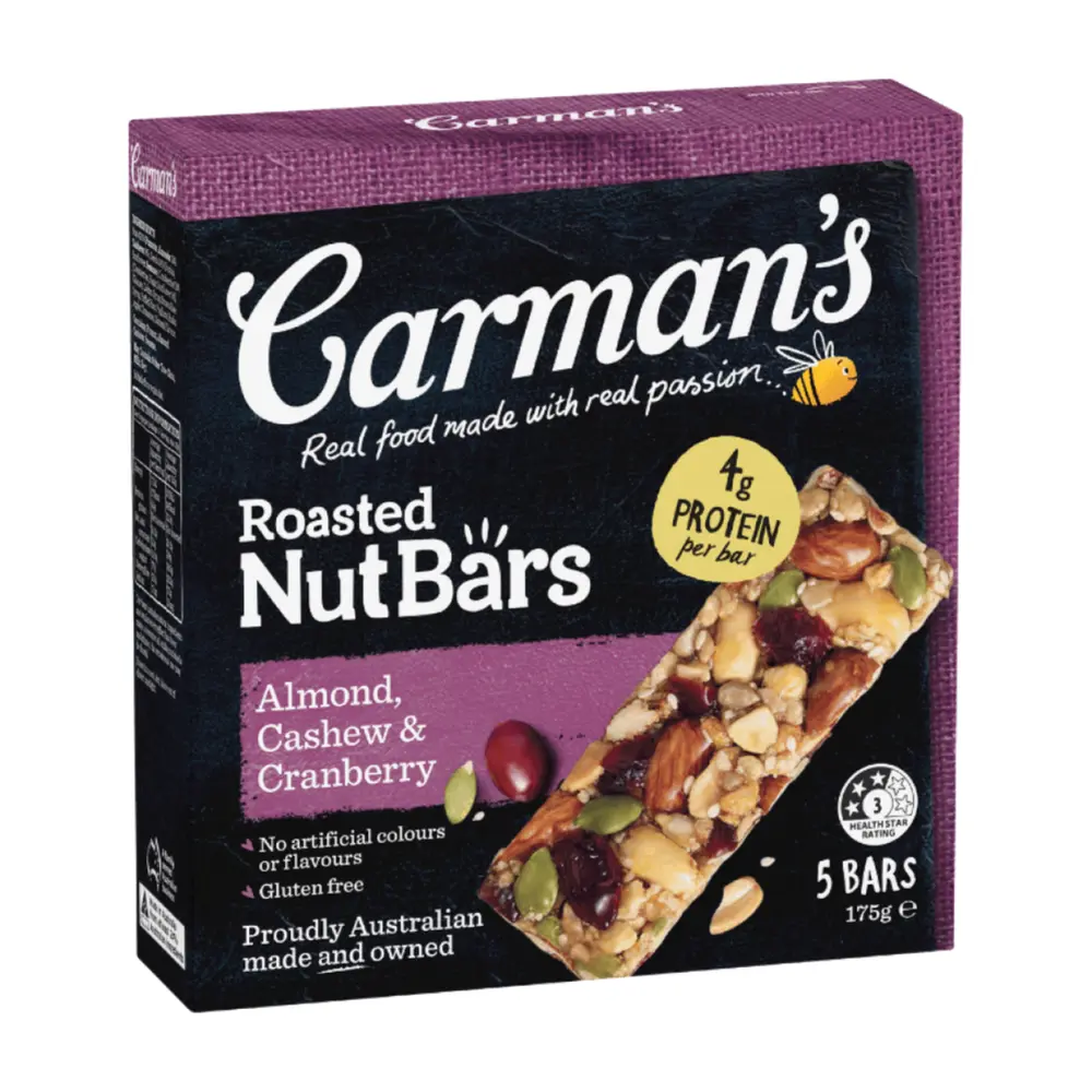 Thanh Hạt Hạnh Nhân, Hạt Điều & Nam Việt Quất, Roasted Nut Bars, Almond, Cashew & Cranberry, 5 Thanh (175g) - CARMAN'S