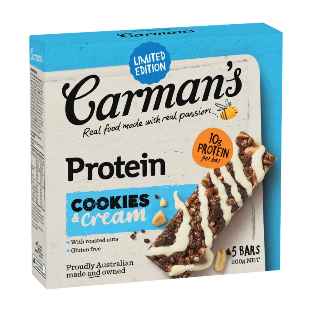 Thanh Năng Lượng Cookie & Cream, Protein, Cookies & Cream, Limited Edition, 5 Thanh (200g) - CARMAN'S