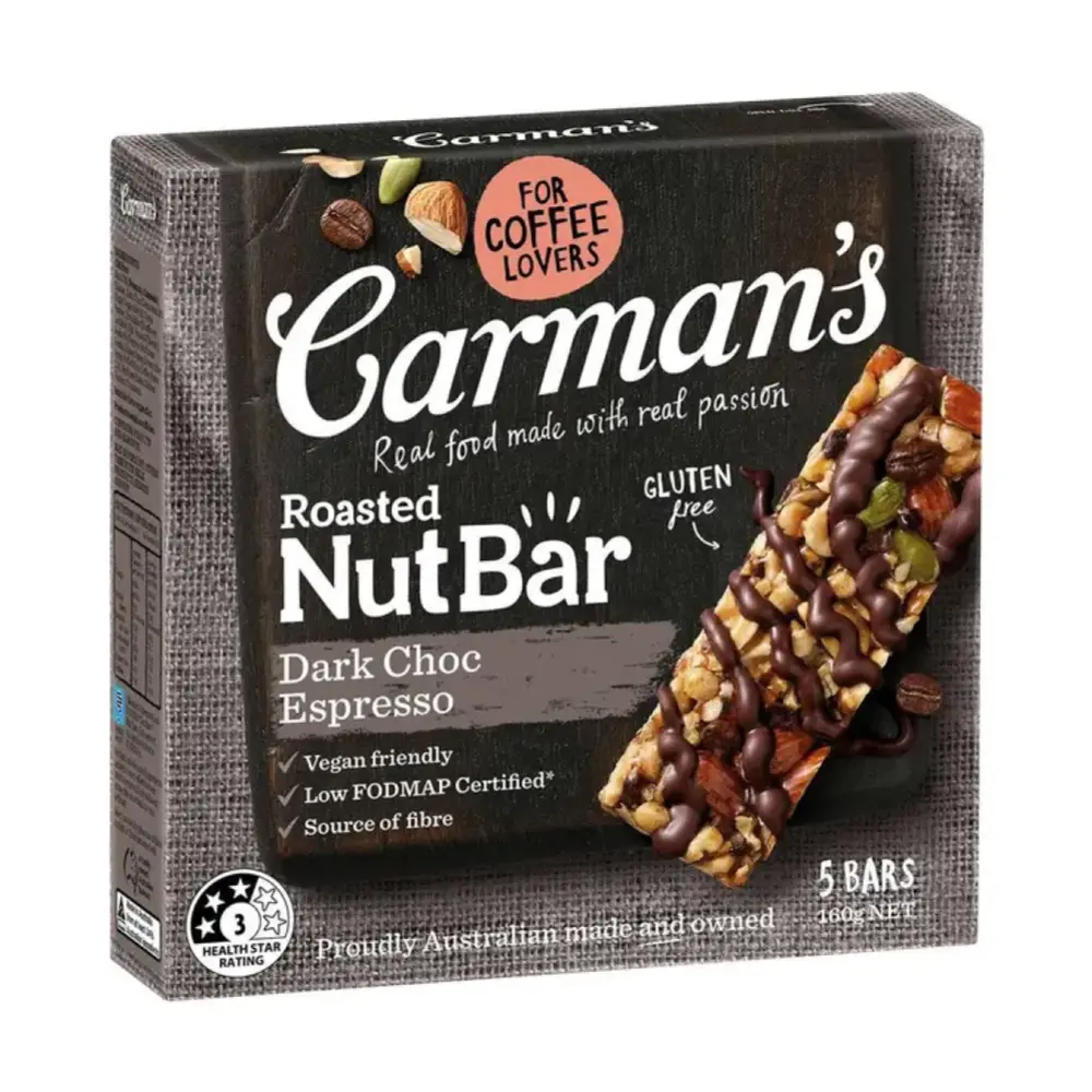 Thanh Hạt Socola Đắng & Cà Phê, Roasted Nut Bar, Dark Choc Espresso, 5 Thanh (160g) - CARMAN'S