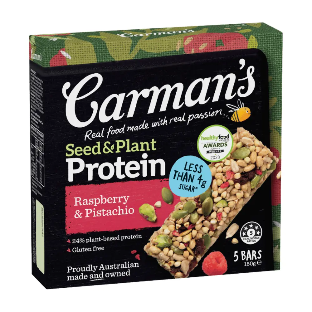 Thanh Năng Lượng Mâm Xôi & Hạt Dẻ Cười, Seed & Plant Protein, Raspberry & Pistachio, 5 Thanh (150g) - CARMAN'S
