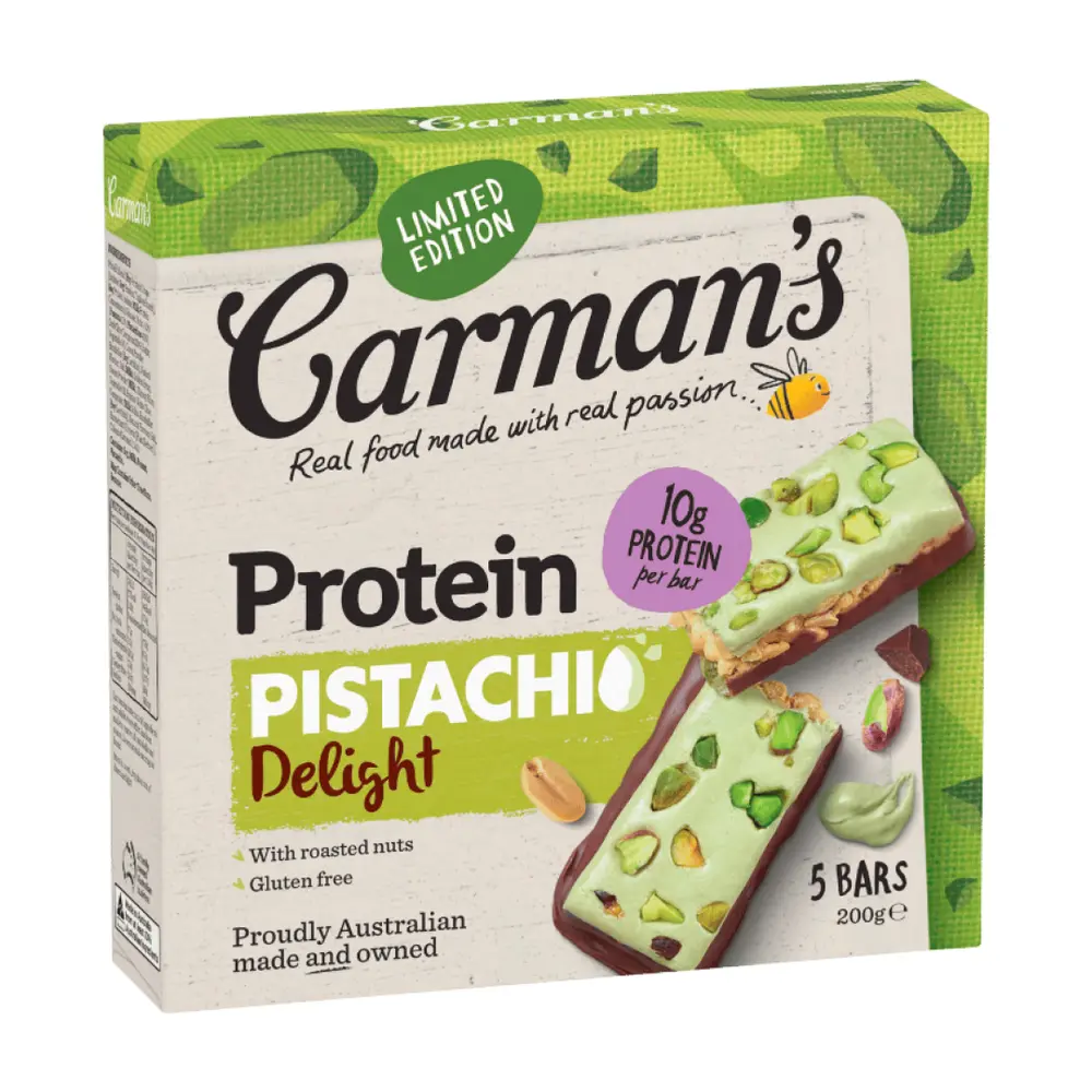 Thanh Năng Lượng Hạt Dẻ Cười, Protein, Pistachio Delight, 5 Thanh (200g) - CARMAN'S