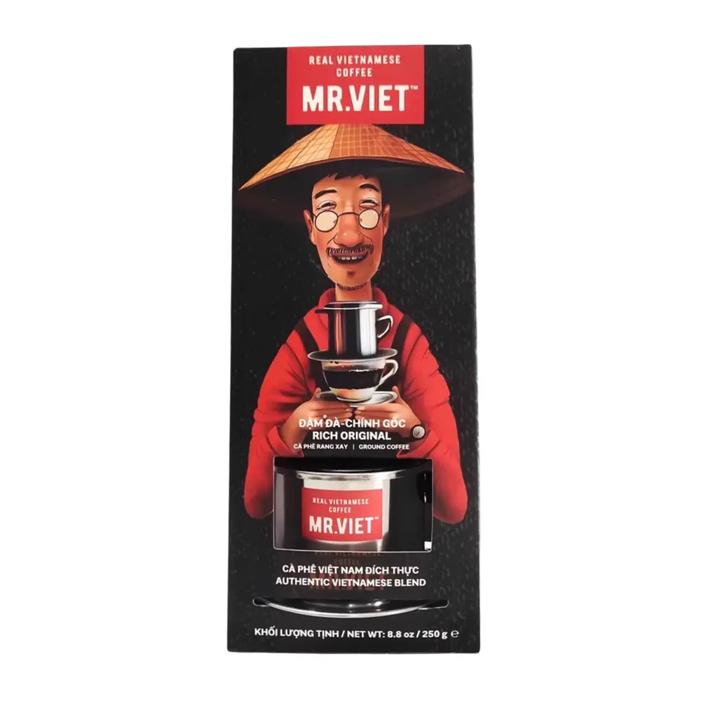 Set Cà Phê Rang Xay Pha Phin, Real Strong Original Ground Coffee with Coffee Filter, 8.8 oz (250g) - MR. VIET
