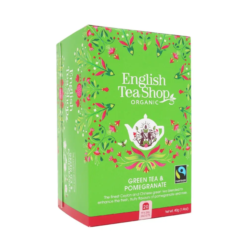 Trà Xanh Lựu Đỏ & Hoa Hồng Hữu Cơ, Green Tea & Pomegranate, 20 Túi Trà, 1.4 oz (40g) - ENGLISH TEA SHOP
