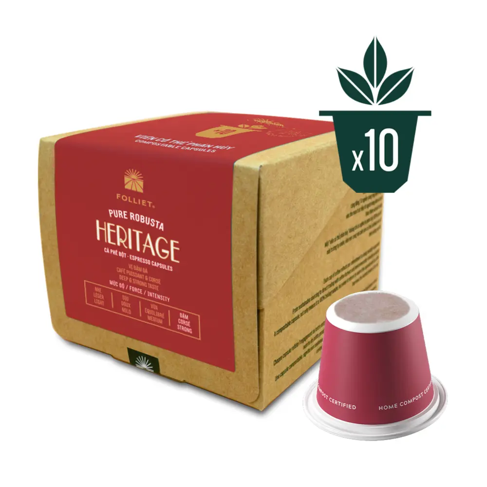 Cà Phê Bột Heritage, Espresso Capsules, Pure Robusta, 10 Viên (60g) - FOLLIET
