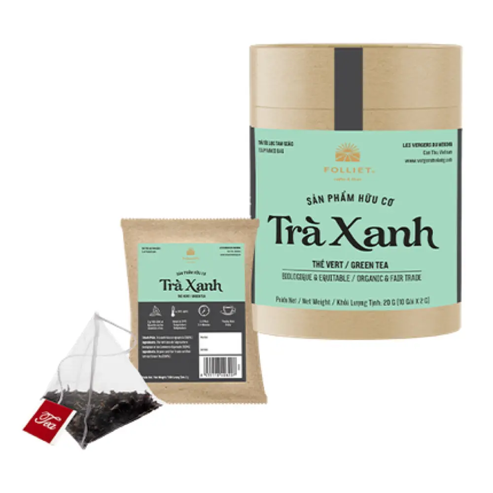 Trà Xanh Hữu Cơ, Green Tea, Organic & Fair Trade, 10 Túi Lọc (20g) - FOLLIET