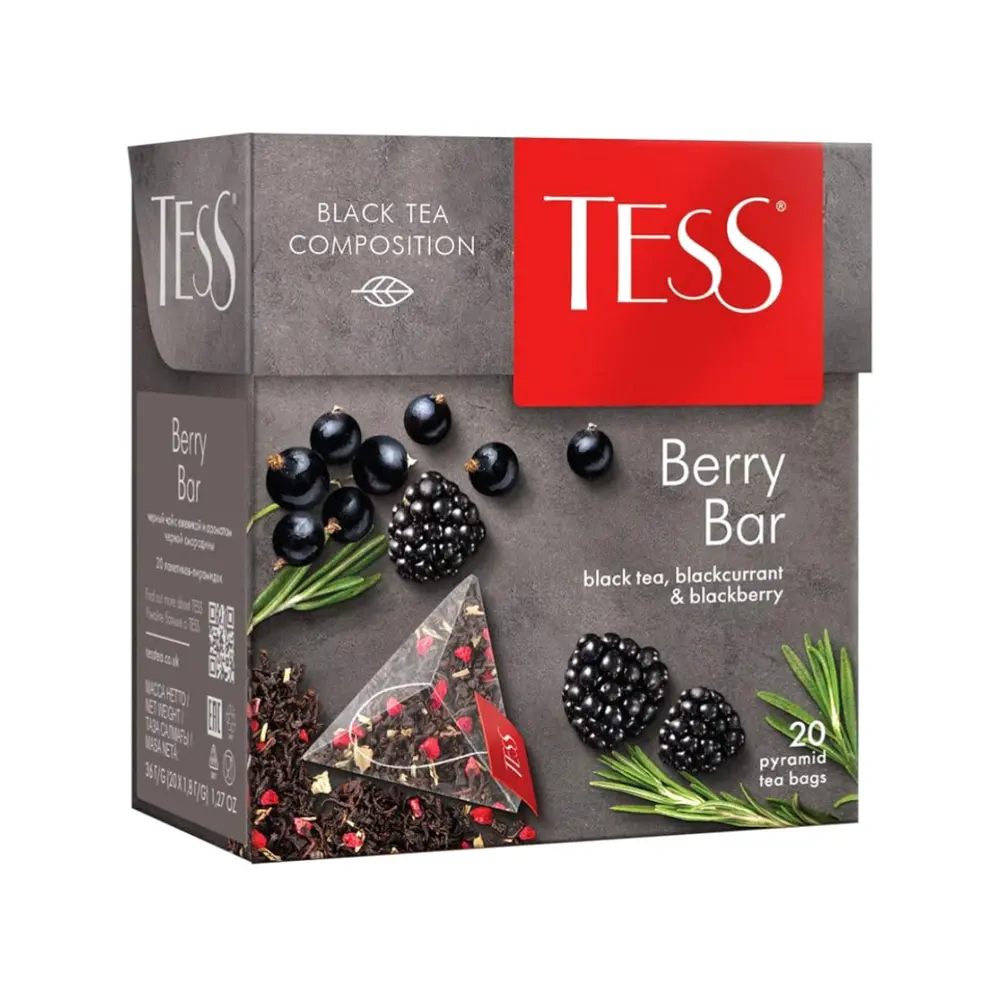 Trà Đen Lý Chua Đen & Mâm Xôi Đen, Berry Bar, Black Tea with Blackcurrant & Blackberry, 20 Túi Trà, 1.27 oz (36g) - TESS