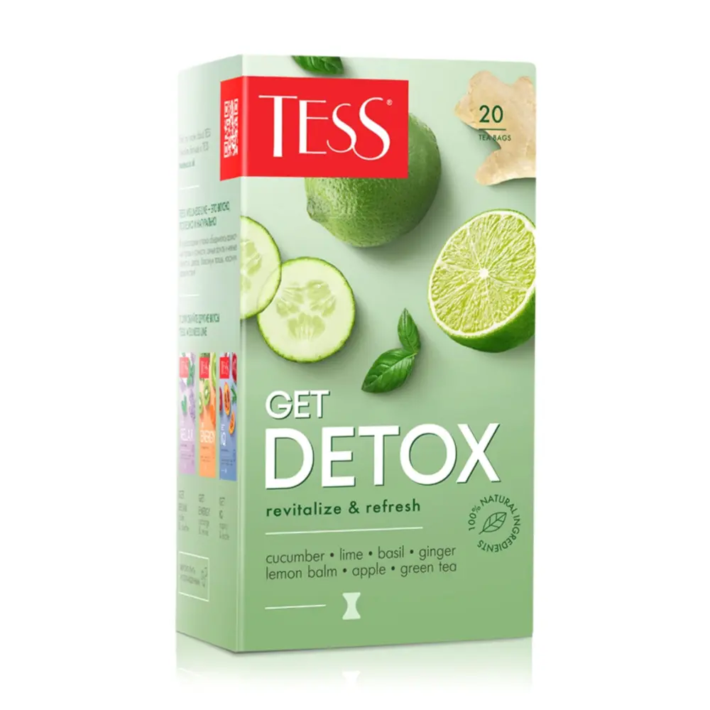 Trà Xanh Thanh Lọc, Get Detox, Green Tea with Cucumber & Lime Flavour & Herbal Ingredients, 20 Túi Trà, 1.06 oz (30g) - TESS