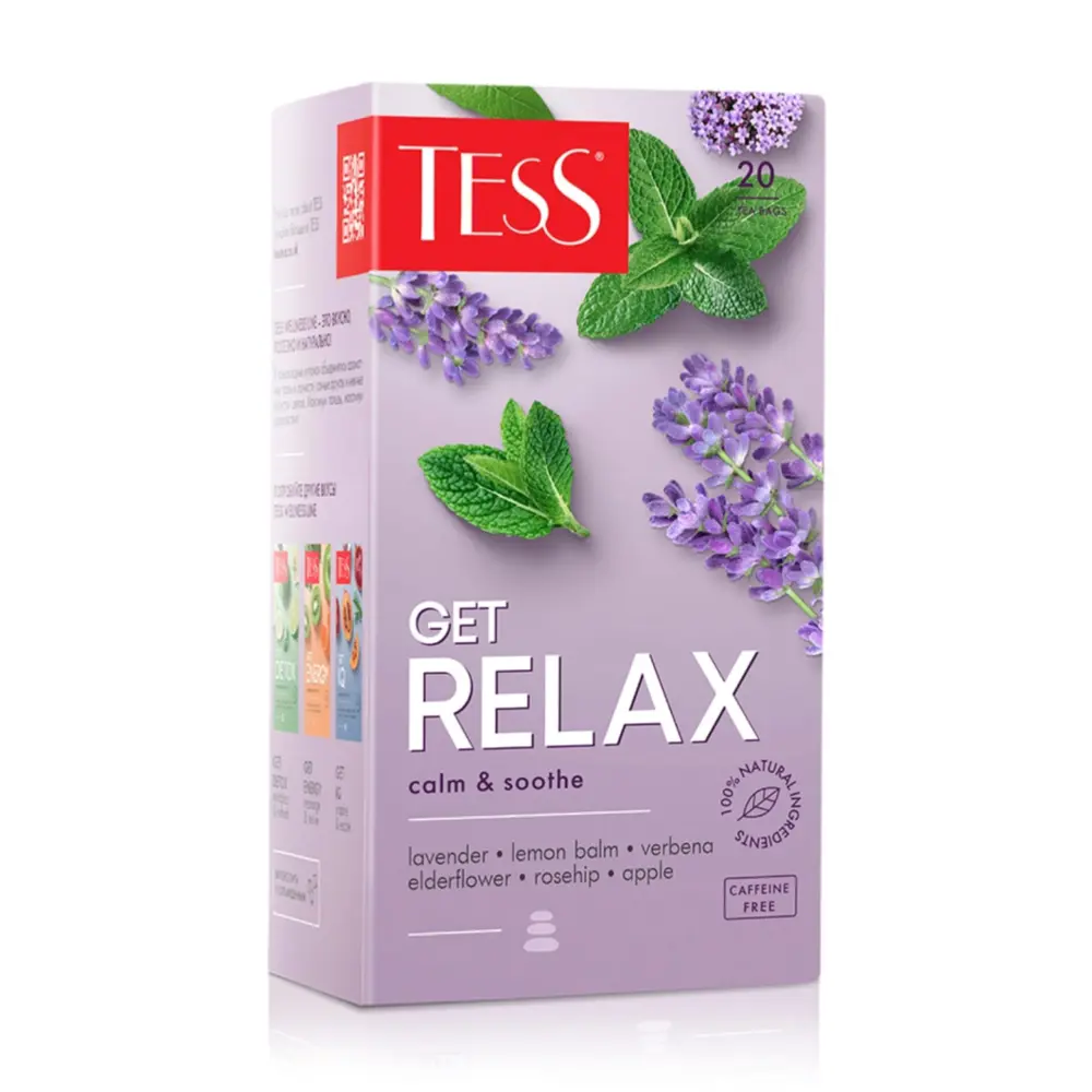 Trà Thảo Mộc Thư Giãn, Get Relax, Herbal Infusion with Elderflower Flavour, Caffein Free, 20 Túi Trà, 1.06 oz (30g) - TESS