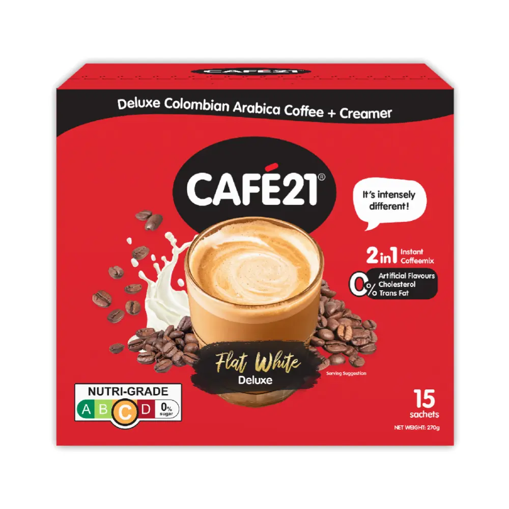 Cà Phê Hòa Tan, Flat White Deluxe, 2 in 1 Instant Coffee Mix, Colombian Arabica Coffee with Creamer, 15 Gói (270g) - CAFE21