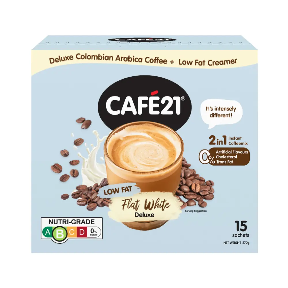 Cà Phê Hòa Tan, Low Fat Flat White Deluxe, 2 in 1 Instant Coffee Mix, Colombian Arabica Coffee with Low Fat Creamer, 15 Gói (270g) - CAFE21