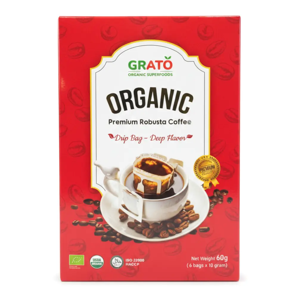 Cà Phê Robusta Hữu Cơ Phin Giấy, Organic Premium Robusta Coffee, 6 Gói (60g) - GRATO
