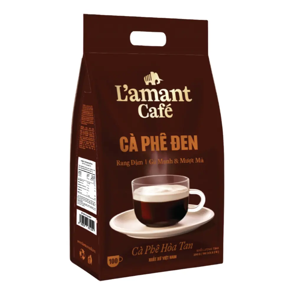Cà Phê Đen Rang Đậm Hòa Tan, Instant Pure Black Coffee, 100 Gói (200g) - L'AMANT CAFE