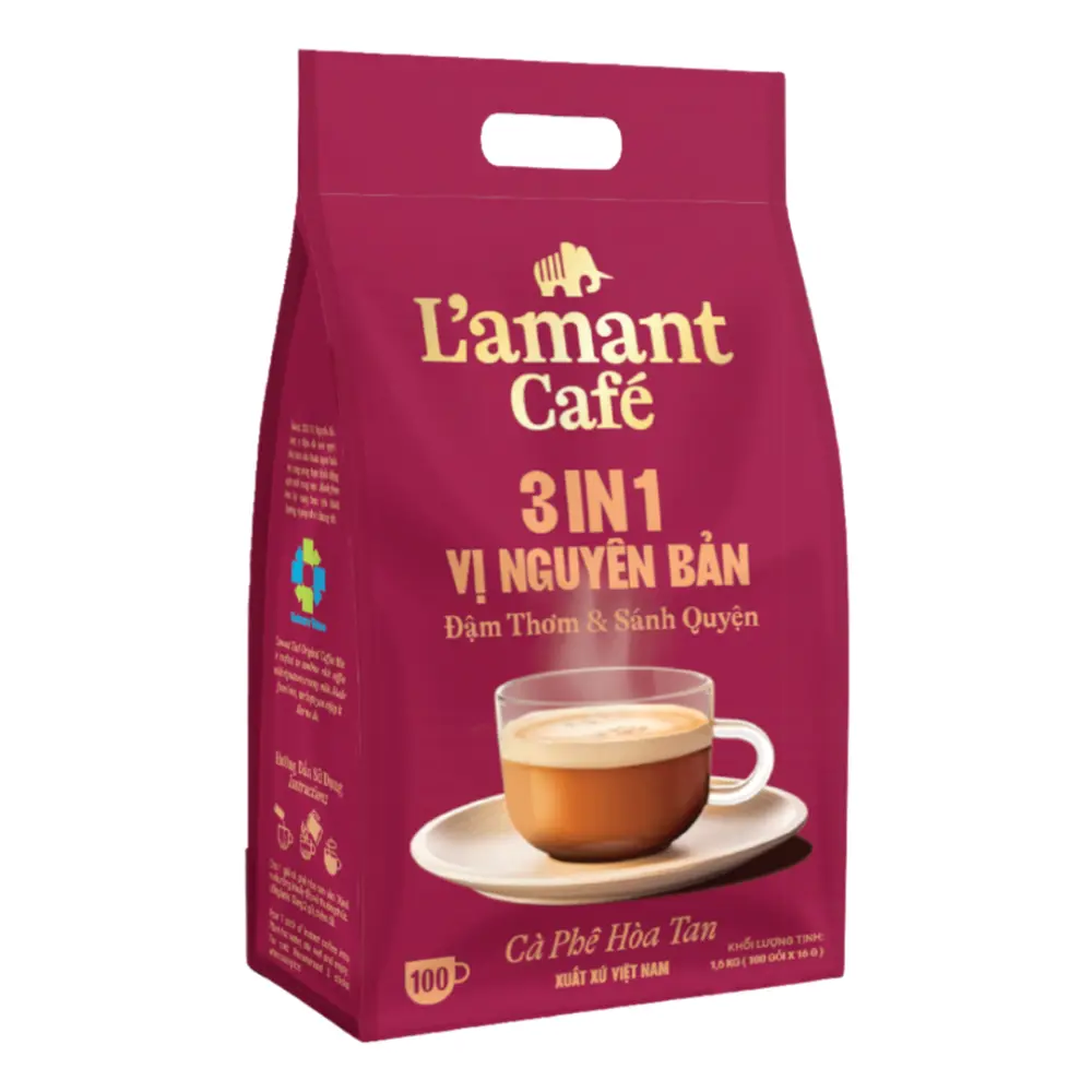 Cà Phê Hòa Tan Vị Nguyên Bản, 3 in 1 Original Instant Coffee Mix, 100 Gói (1.6kg) - L'AMANT CAFE