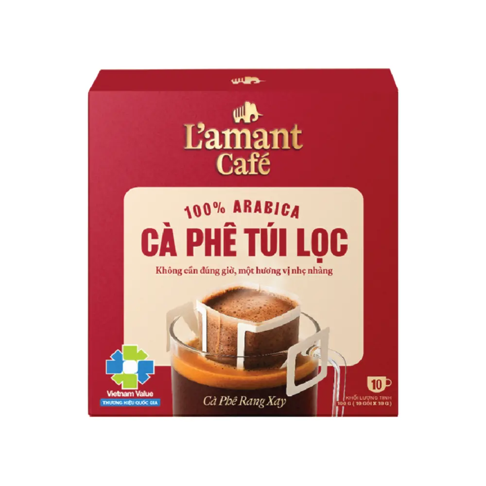 Cà Phê Túi Lọc Rang Xay, 100% Arabica Ground Coffee, 10 Gói (100g) - L'AMANT CAFE
