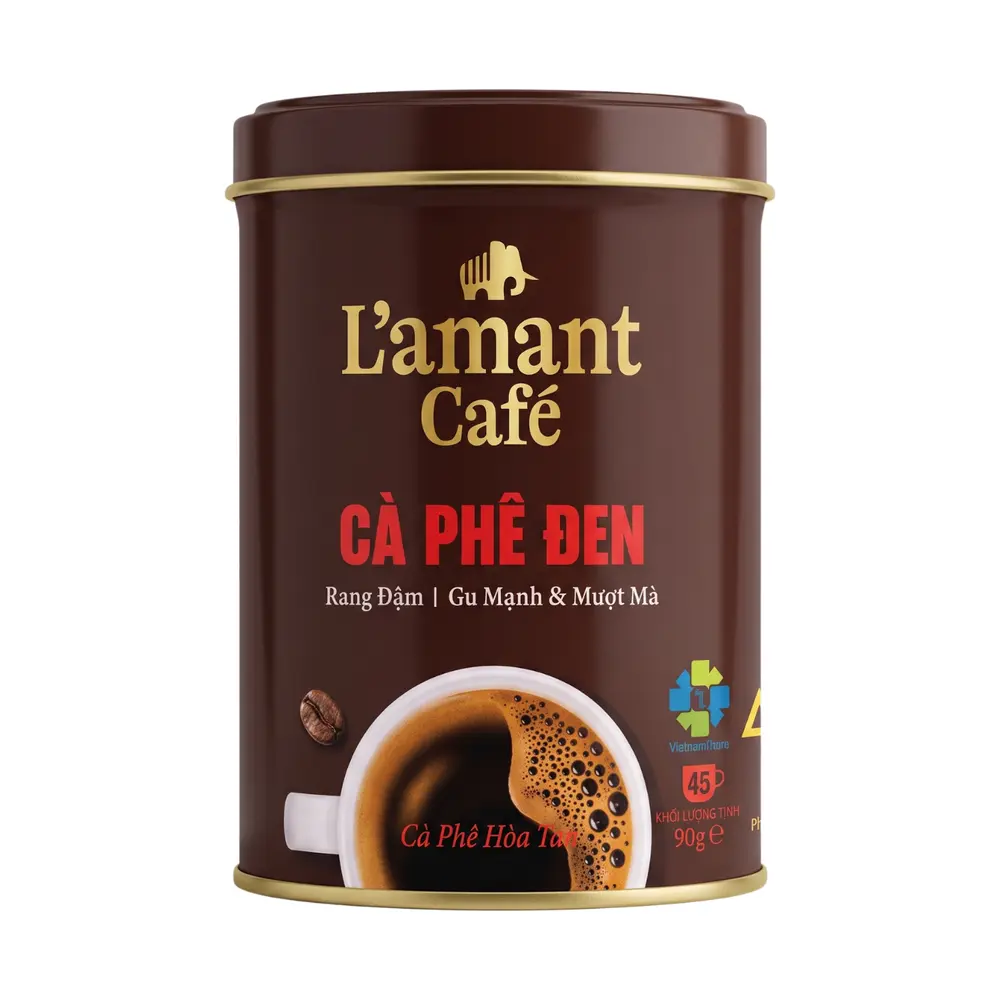 Cà Phê Đen Rang Đậm Hòa Tan, Pure Black Instant Coffee, Dark Roast, 45 Ly (90g) - L'AMANT CAFE
