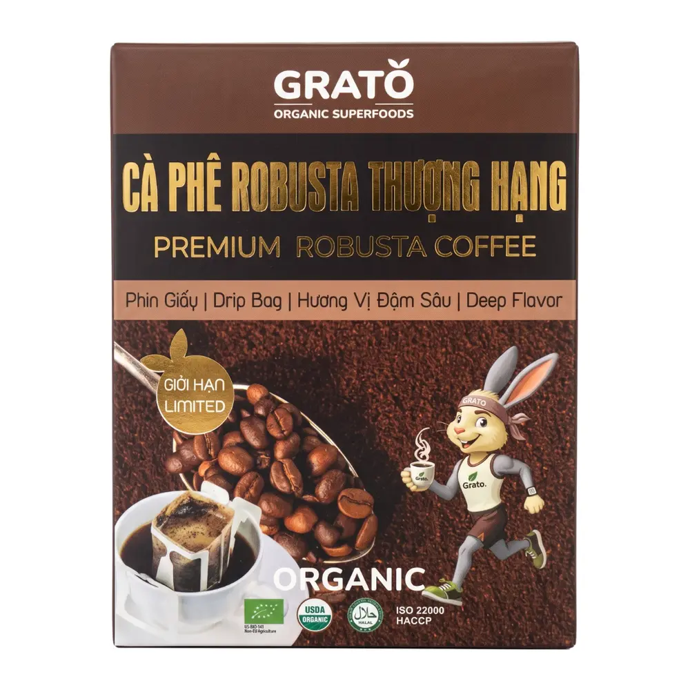 Cà Phê Robusta Phin Giấy Hữu Cơ, Organic Robusta Drip Bag Coffee, 10 Túi (100g) - GRATO
