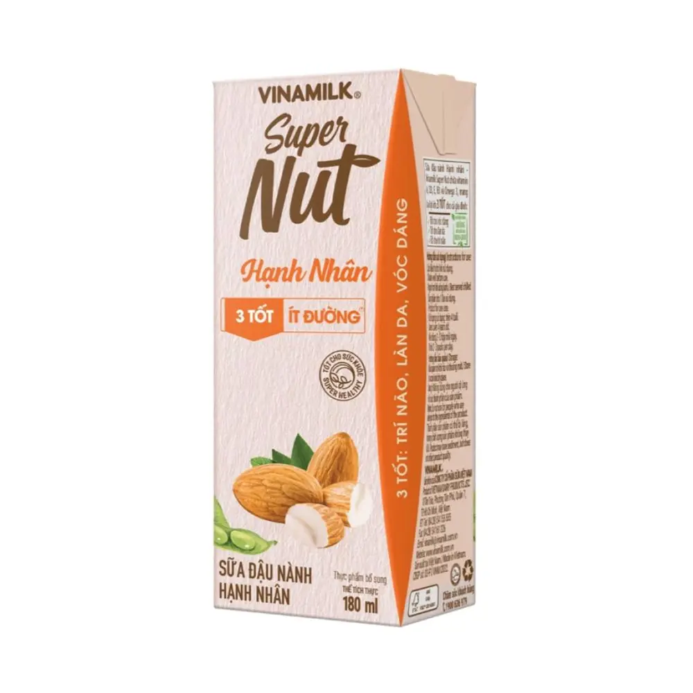 Sữa Đậu Nành Hạnh Nhân Ít Đường, Super Nut, Almond Soy Milk, Less Sugar (180ml) - VINAMILK