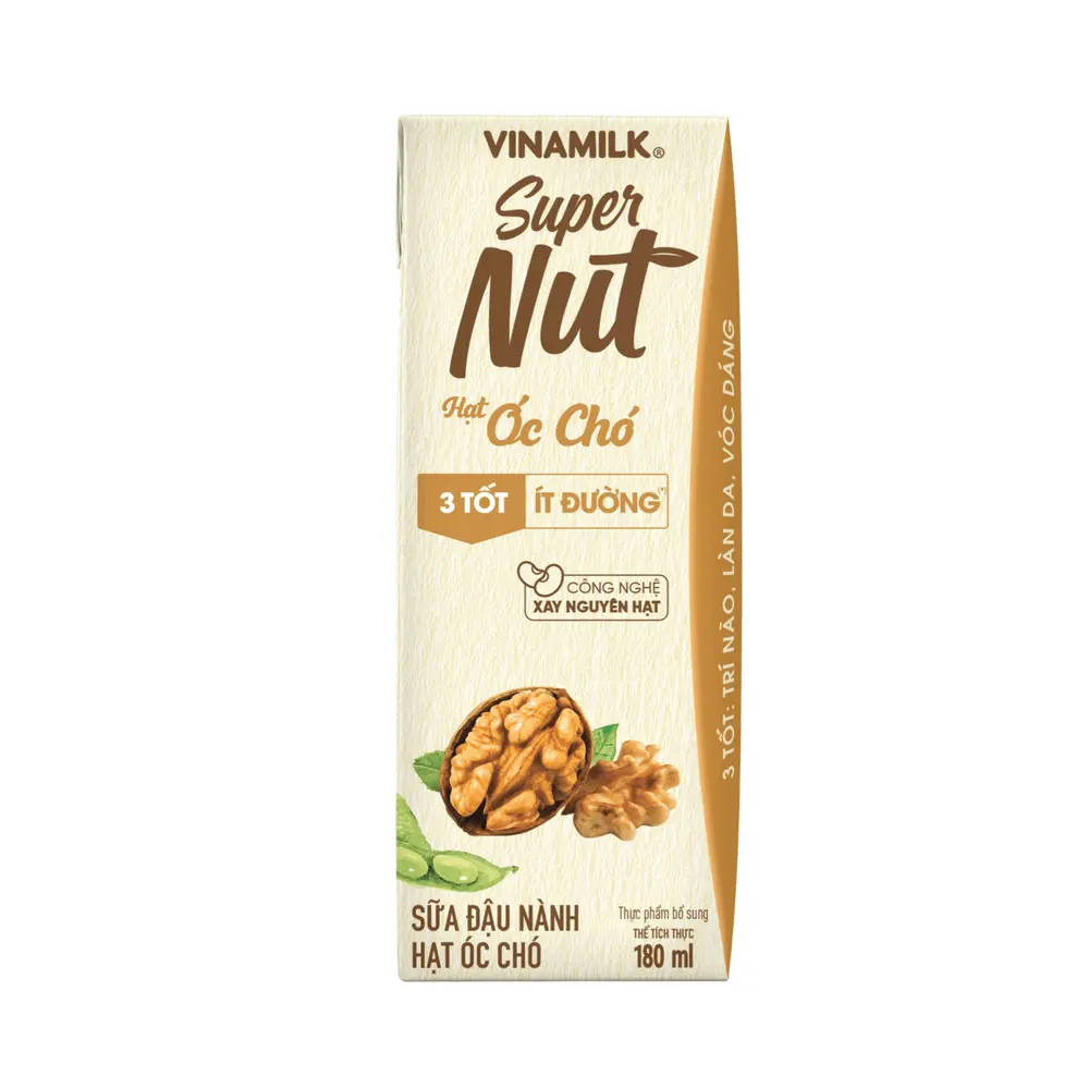 Sữa Đậu Nành Hạt Óc Chó Ít Đường, Super Nut, Walnut Soya Milk, Less Sugar (180ml) - VINAMILK