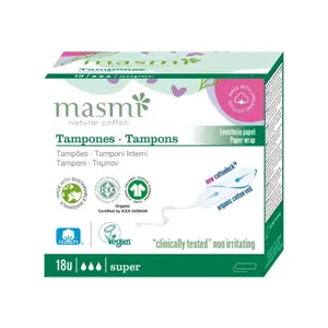 Tampon Hữu Cơ Không Cần Đẩy, 3 Giọt, Organic Cotton Tampons, Super, 18 Cái - MASMI