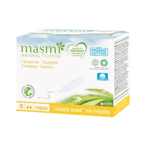 Tampon Hữu Cơ Không Cần Đẩy, 2 Giọt, Organic Cotton Tampons, Regular, 18 Cái - MASMI