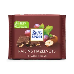 Socola Sữa Nho Khô & Hạt Dẻ, Raisins Hazelnuts, with Sun-Ripened California Raisins, 3.5 oz (100g) - RITTER SPORT