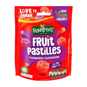 Kẹo Dẻo Dâu Tây & Lý Chua Đen, Fruit Pastilles with Juice, Strawberry & Blackcurrant, Vegan Friendly (143g) - ROWNTREE'S
