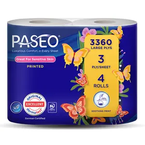 Giấy Vệ Sinh 3 Lớp In Hoa Văn, Printed Bathroom Rolls, 4 Cuộn, 1120 Tờ (9.9 x 11.4cm) - PASEO