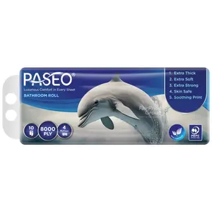 Giấy Vệ Sinh 4 Lớp, Extra Soft Bathroom Roll, Dolphin Print, 10 Cuộn (9.9 x 11.4cm) - PASEO