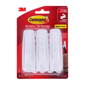 Móc Dán Treo Tường Lớn, Command, Large Utility Hooks, Holds 2.2kg, 3 Cái & 6 Miếng Dán - 3M