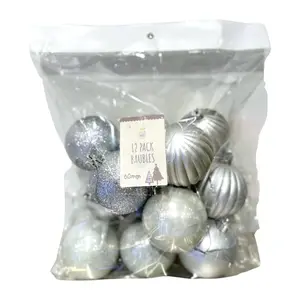 Trái Châu Trang Trí Noel Màu Bạc, 12 Pack Silver Christmas Baubles (60mm) - UNCLE BILLS