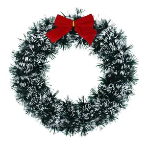 Vòng Hoa Tuyết Trang Trí Giáng Sinh Nơ Đỏ, Christmas Tinsel Wreath Snowy Green with Red Bow (27cm) - UNCLE BILLS