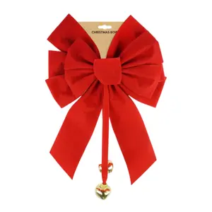 Nơ Trang Trí Noel Có Chuông, Flocked Christmas Bow with 2 Jingle Bells (24 x 35cm) - UNCLE BILLS