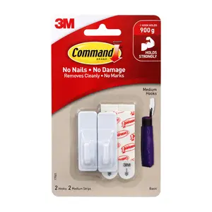 Móc Dán Treo Tường Vừa, Command, Medium Hooks, Holds 900g, 2 Cái & 2 Miếng Dán - 3M