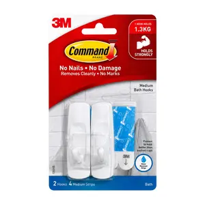 Móc Dán Treo Tường Phòng Tắm Chống Thấm Nước, Command, Medium Bath Hooks, Holds 1.3kg, 2 Cái & 4 Miếng Dán - 3M